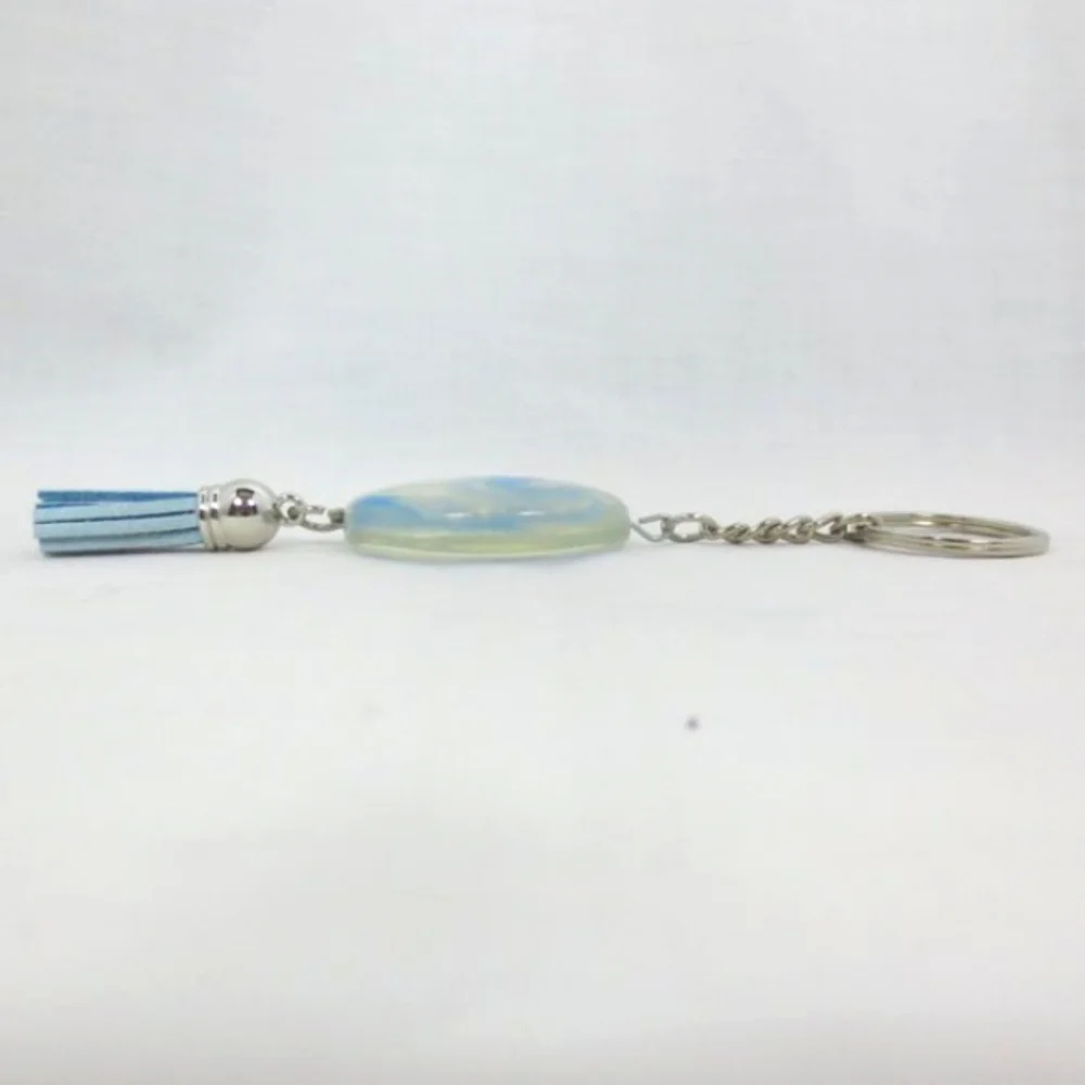 New Handcrafted Keychain Bag Charm Blue Beaded Boho Leather Tassel Swivel Clip